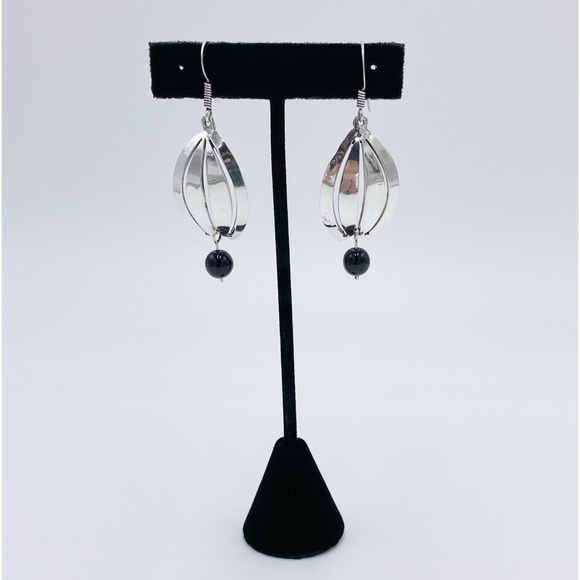 Taxco 925 Sterling Silver Modernist Black Onyx Dangle Earrings - Picture 4 of 9